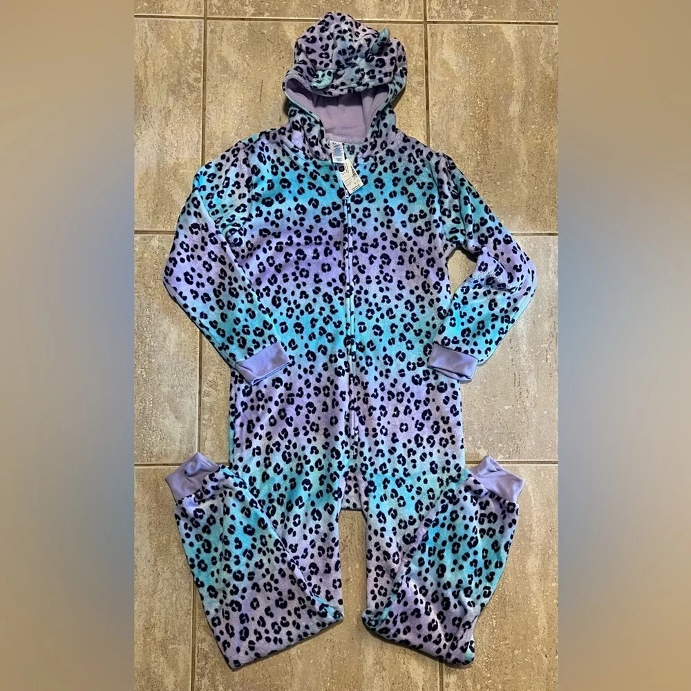 💜The Children's Place Girls Leopard cozy fleece sleepwear Onesie-SZ XL(14) NWT